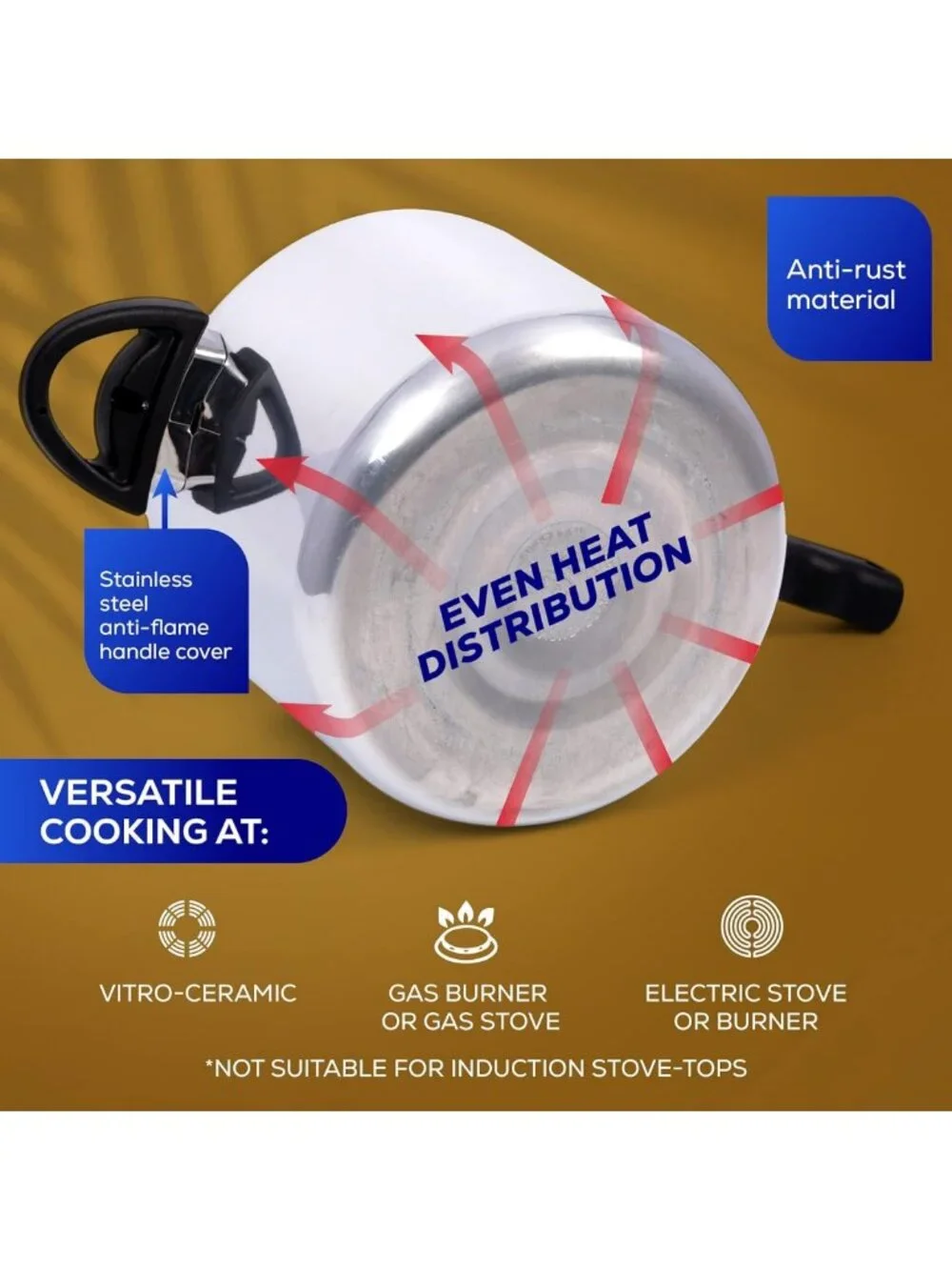 4.75 Quart Stovetop Pressure Cooker - Anti-Rust Aluminum, 5-Layer Safety